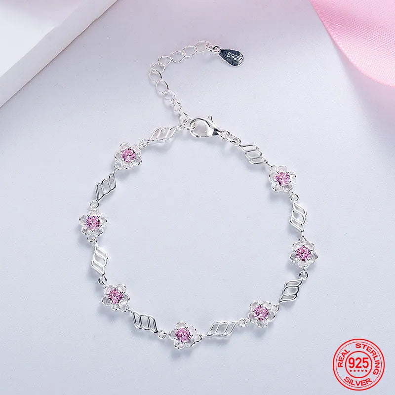 925 Sterling Silver Pink Crystal Bracelet for Women Gift Charm Jewelry