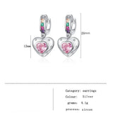 925 Silver Pink Crystal Heart Hoop Earrings for Women
