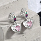 925 Silver Pink Crystal Heart Hoop Earrings for Women