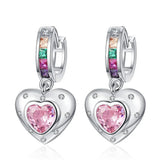 925 Silver Pink Crystal Heart Hoop Earrings for Women