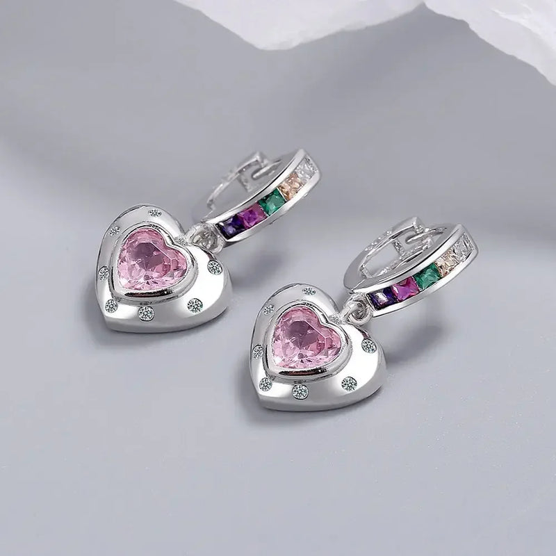 925 Silver Pink Crystal Heart Hoop Earrings for Women