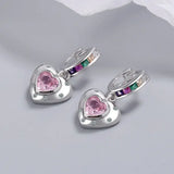 925 Silver Pink Crystal Heart Hoop Earrings for Women