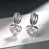 925 Silver Pink Crystal Heart Hoop Earrings for Women