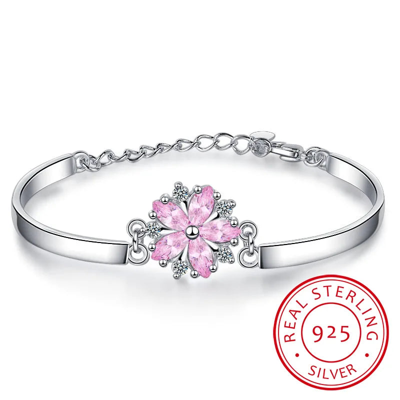 925 Sterling Silver Pink Crystal Zirconia Cherry Blossom Flower Bracelet