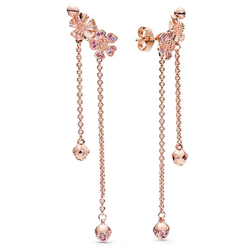 925 Silver Pink Fan Pave Double Snake Chain Hoop Earrings With Crystal