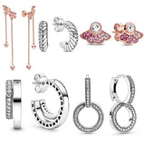 925 Silver Pink Fan Pave Double Snake Chain Hoop Earrings With Crystal