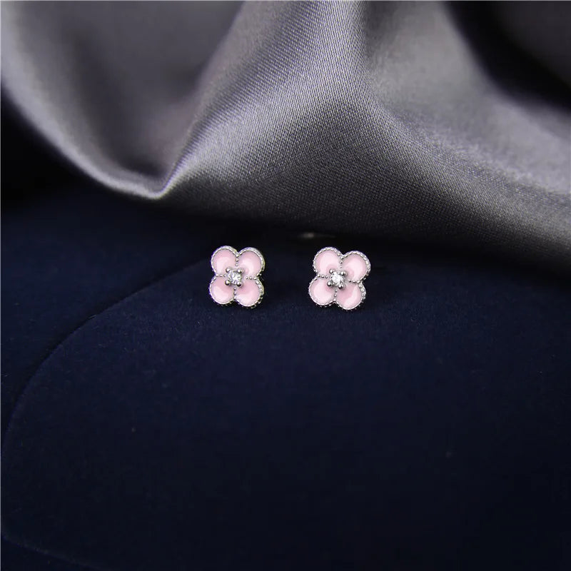 925 Silver Pink Four-leaf Clover Earrings Women Suit Jewelry