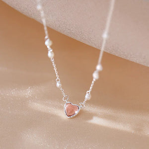 925 Silver Pink Love Pearl Necklace Sweet Clavicle Chain Jewelry