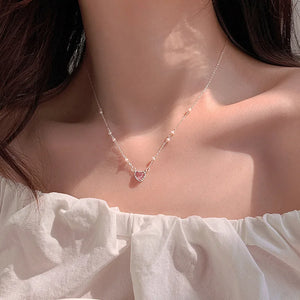925 Silver Pink Love Pearl Necklace Sweet Clavicle Chain Jewelry