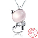 925 Silver Pink Moon Cat Pendant Necklace for Women Gift