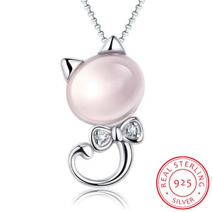 925 Silver Pink Moon Light Stone Cat Pendant Necklace