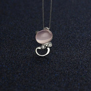 925 Silver Pink Moon Cat Pendant Necklace for Women Gift