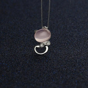 925 Silver Pink Moon Light Stone Cat Pendant Necklace For Women