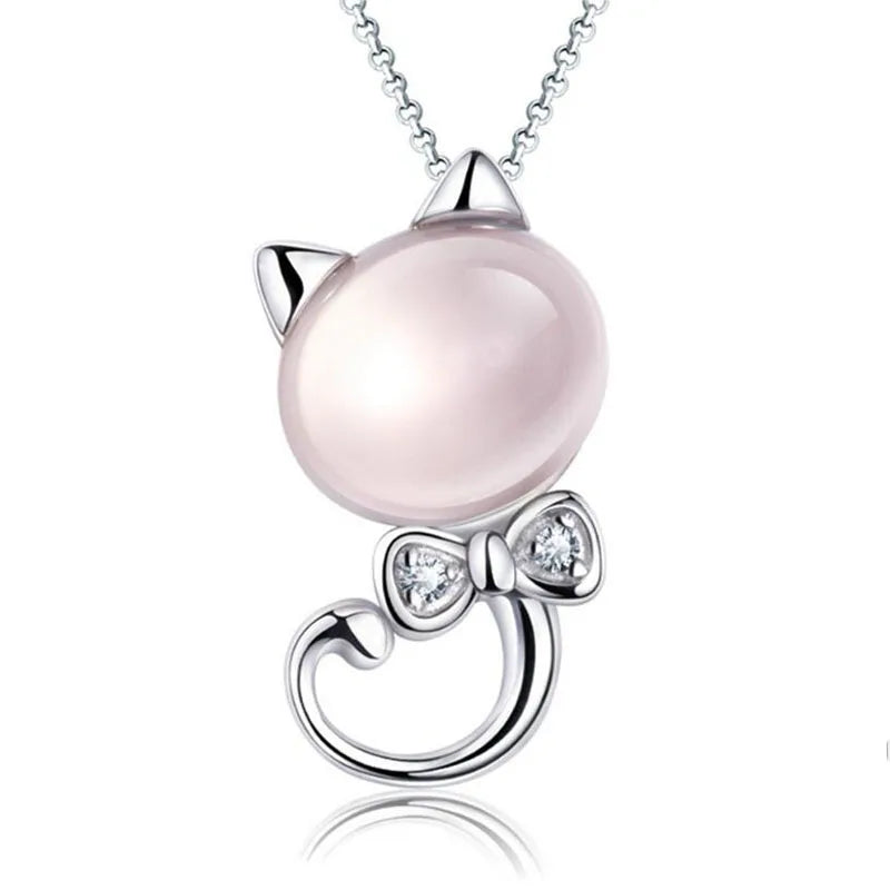 925 Silver Pink Moon Light Stone Cat Pendant Necklace For Women