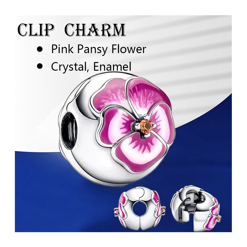 925 Silver Pink Pansy Flower Clip Charms Bracelet Bead DIY Jewelry