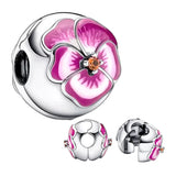 925 Silver Pink Pansy Flower Clip Charms Bracelet Bead DIY Jewelry