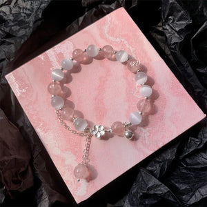 925 Silver Pink Peach Blossom Strawberry Opal Tassel Bracelet Charm