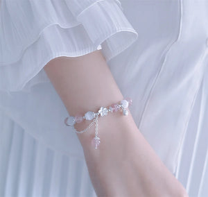 925 Silver Pink Peach Blossom Strawberry Opal Tassel Bracelet Charm