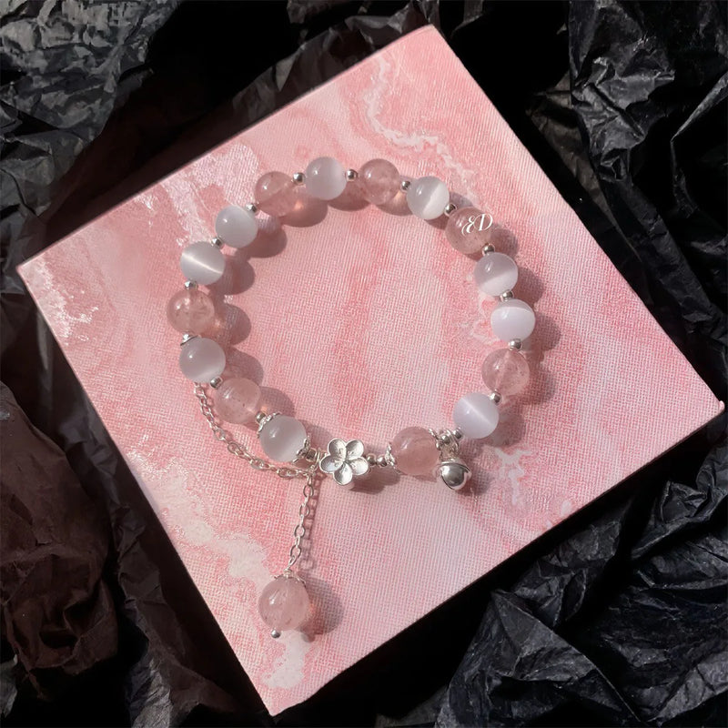 925 Silver Pink Peach Blossom Strawberry Opal Tassel Bracelet Charm