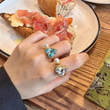 925 Silver Pink Purple Zircon Pearl Ring Love Heart Jewelry