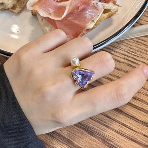 925 Silver Pink Purple Zircon Pearl Ring Love Heart Jewelry
