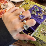 925 Silver Pink Purple Zircon Pearl Ring Love Heart Jewelry