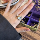 925 Silver Pink Purple Zircon Pearl Ring Love Heart Jewelry