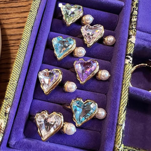 925 Silver Pink Purple Zircon Pearl Ring Love Heart Jewelry