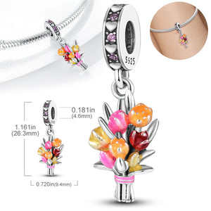 925 Silver Pink Charms Beads Cut Girl Flower Pendant
