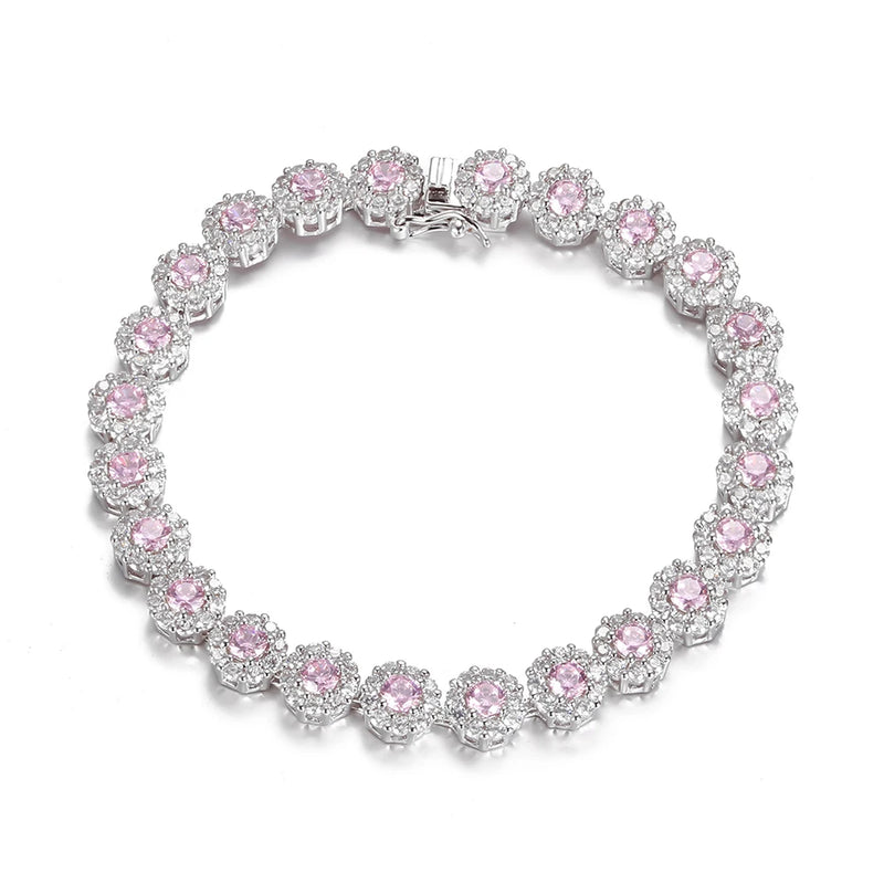 925 Silver Pink Zircon Tennis Bracelet CZ Crystal Wedding Jewelry