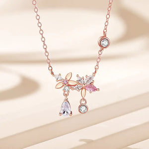 925 Silver Pink Zircon Flowers Necklace Women Rose Plating Fine Jewelry