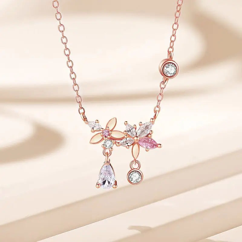 925 Silver Pink Zircon Flowers Necklace Women Rose Plating Fine Jewelry