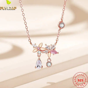 925 Silver Pink Zircon Flowers Necklace Women Rose Plating Fine Jewelry