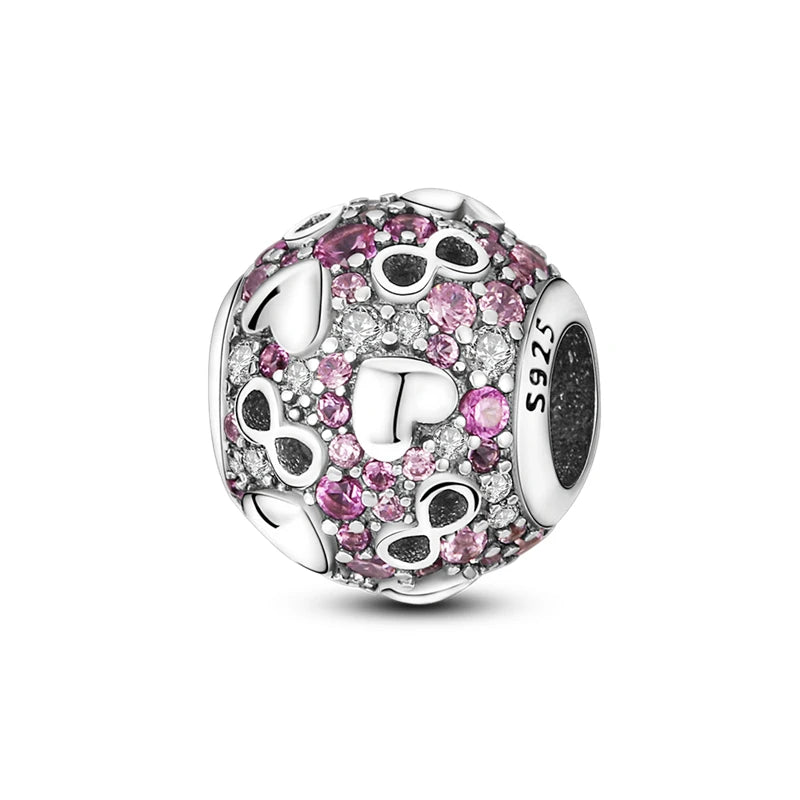 925 Silver Pink Zircon Heart & Eternity Bead for Bracelet Pendant