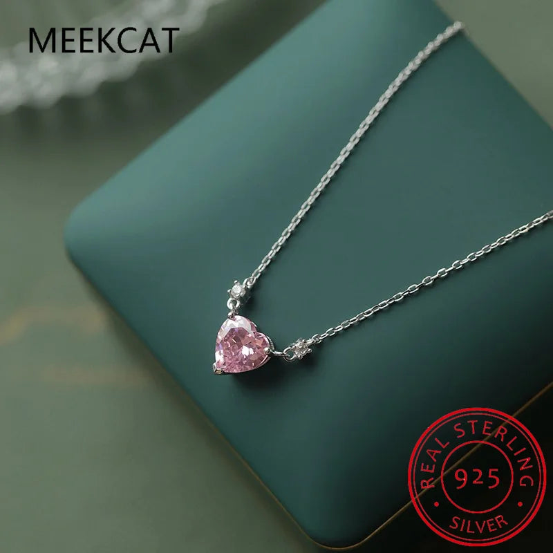 925 Silver Pink Zircon Heart Necklace Womens Clavicle Chain
