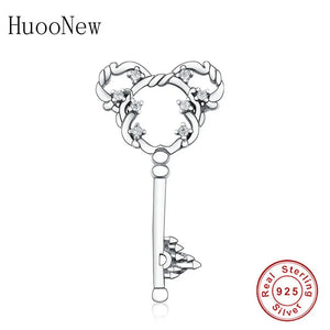 925 Silver Plant Mickey Key Zirconia Bead Charm Bracelet Necklace Berloque