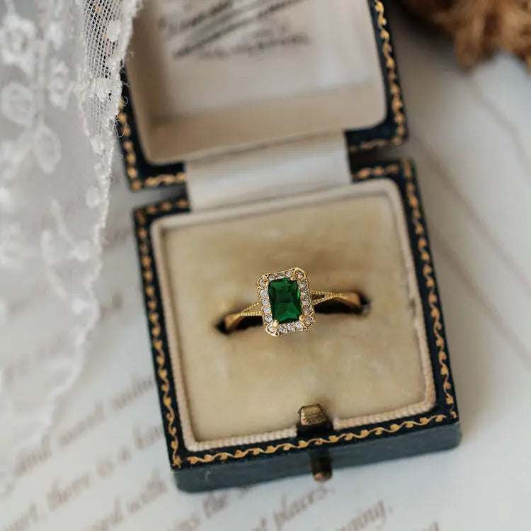 925 Silver Plated 14K Green Zircon Ring French Jewelry Gift