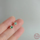 925 Silver Plated Green Zircon Stud Earrings French Vintage Jewelry