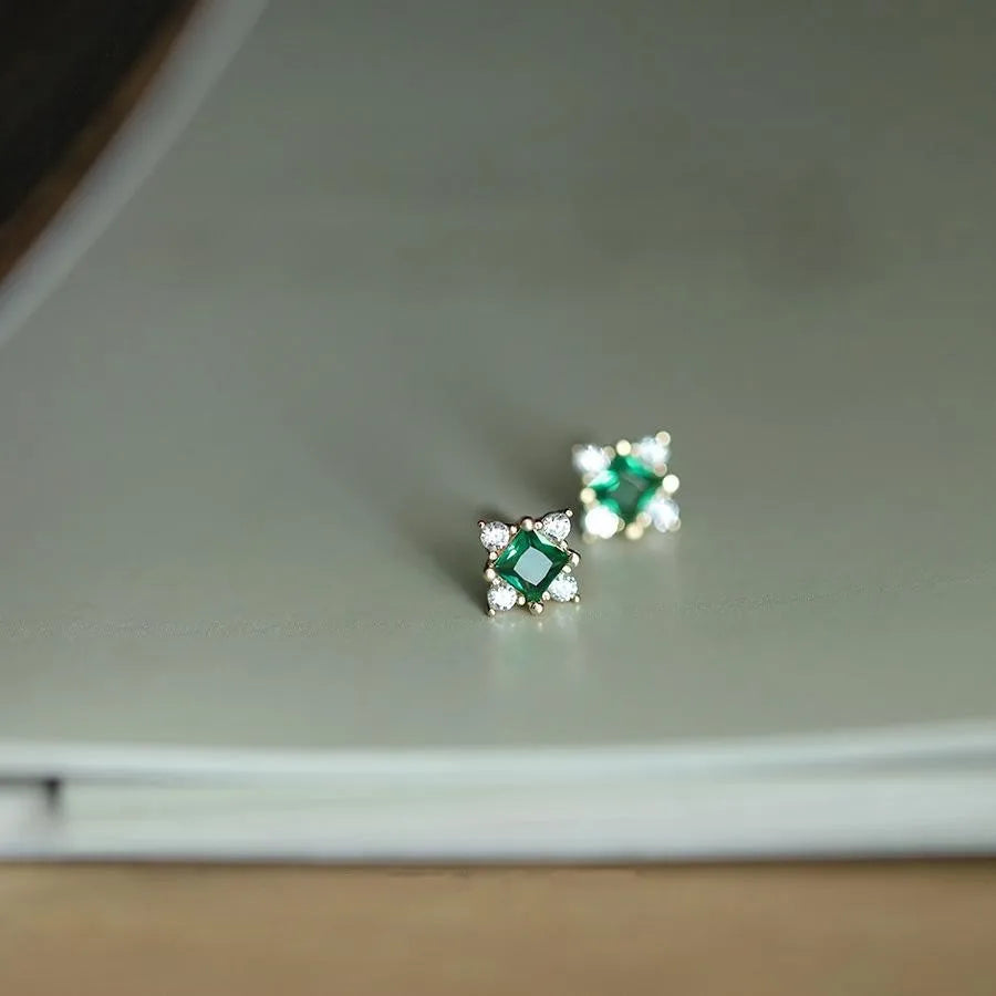 925 Silver Plated Green Zircon Stud Earrings French Vintage Jewelry
