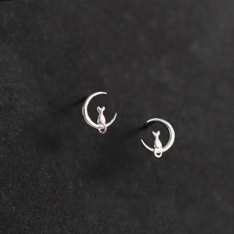Moon Kitten Stud Earrings Silver Plated Jewelry