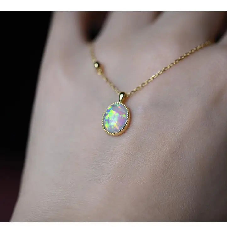 925 Silver 14K Opal Pendant Zircon Necklace French Retro Jewelry