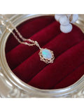925 Silver Plated Opal Zircon Retro Gemstone Ring Necklace Set