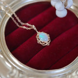 925 Silver Plated Opal Zircon Retro Gemstone Ring Necklace Set