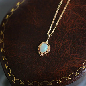 925 Silver Plated Opal Zircon Retro Gemstone Ring Necklace Set