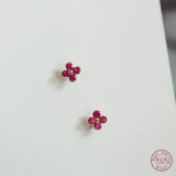 925 Silver Plated 14K Red Zircon Flower Stud Earrings Wedding Jewelry