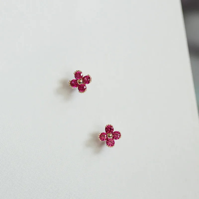 925 Silver Plated 14K Red Zircon Flower Stud Earrings Wedding Jewelry