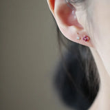 925 Silver Plated 14K Red Zircon Flower Stud Earrings Wedding Jewelry