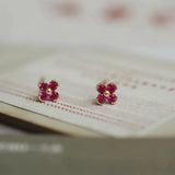 925 Silver Plated 14K Red Zircon Flower Stud Earrings Wedding Jewelry