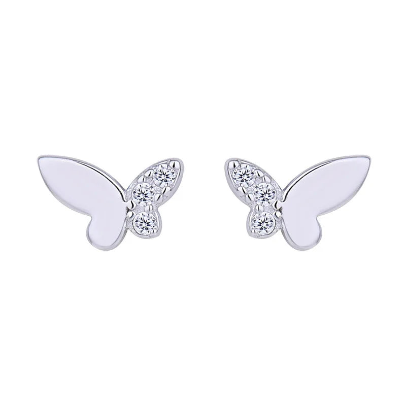 925 Silver Plated Zircon Butterfly Stud Earrings Light Wedding Jewelry