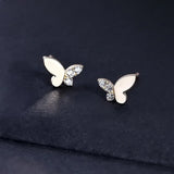 925 Silver Plated Zircon Butterfly Stud Earrings Light Wedding Jewelry
